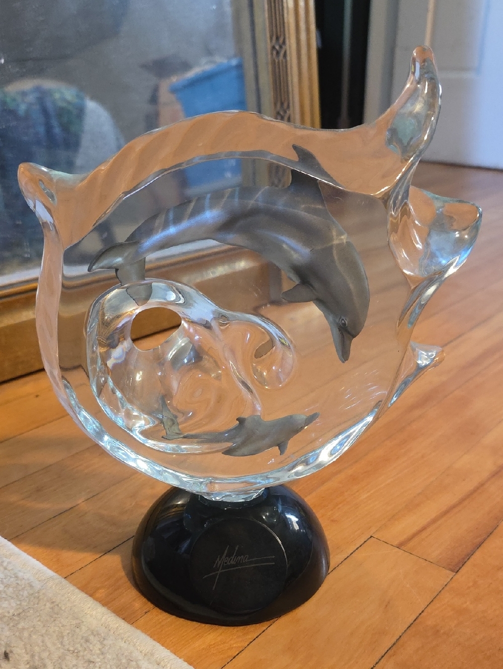 Genesis Clear Glass Dolphin Sculpture - Clear and Gray - Medina Starlight Studio